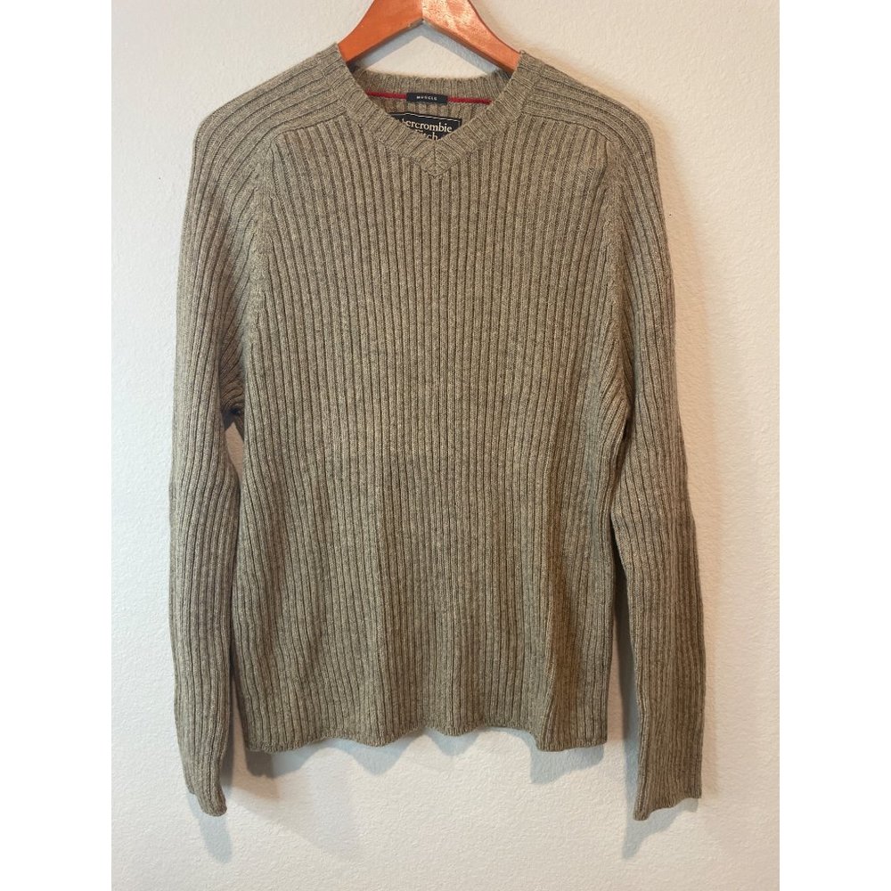 Vintage Abercrombie & Fitch Tan V Neck Muscle Wool Blend Sweater